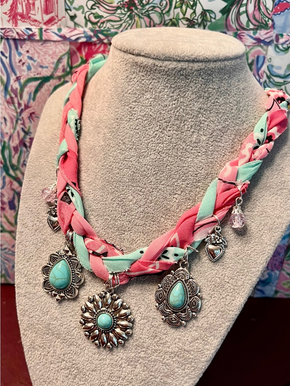 Flirty Boho Braided Pink & Mint Bandana Turquoise Pendant Necklace, 30” - Picture 5 of 6